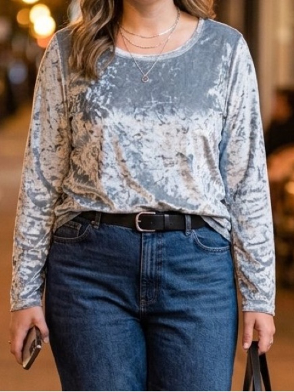 PARAGON Metallic Silver Crushed Velour Long Sleeve Top L